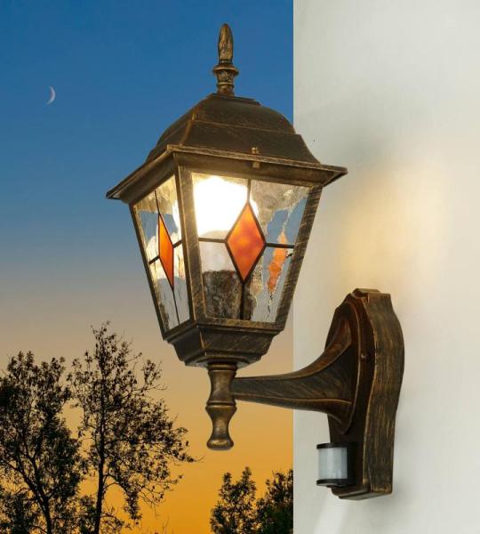 Buitenlamp met bewegingsmelder koper antiek H: 37,5 cm E27 sensor verlichting huis muur balkon terras