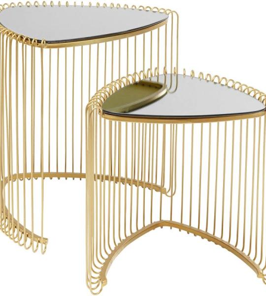 Design Bijzettafel Wire Triangle, set van 2, goud, driehoekige vorm, woonkamertafel, bijzettafel, stalen frame, tafelblad gekleurd glas, 47 x 51 x 44 cm (H/B/D), 39 x 41 x 35 cm (H