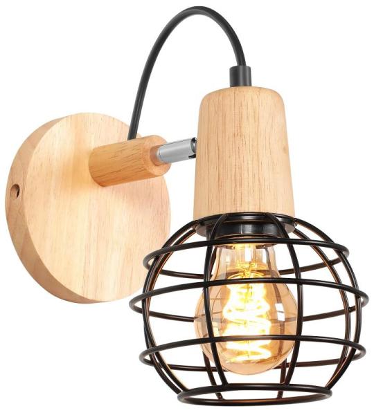 Wandlamp, vintage, industriële wandlampen, 135 graden verstelbaar, hout, E27, retro metalen kooi, design, wandlamp voor woonkamer, badkamer, hal (zwart)