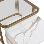 Nestbare salontafel: hoogglans marmeren buitenkant en glazen tafelblad, gouden decoratie, bijzettafel met lade. Set van twee