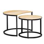 salontafel set van 2 Mango massief houten/metalen salontafel rond | Industriële bijzettafel met metalen poten zwart | 2-delige placemat bijzettafel van hout