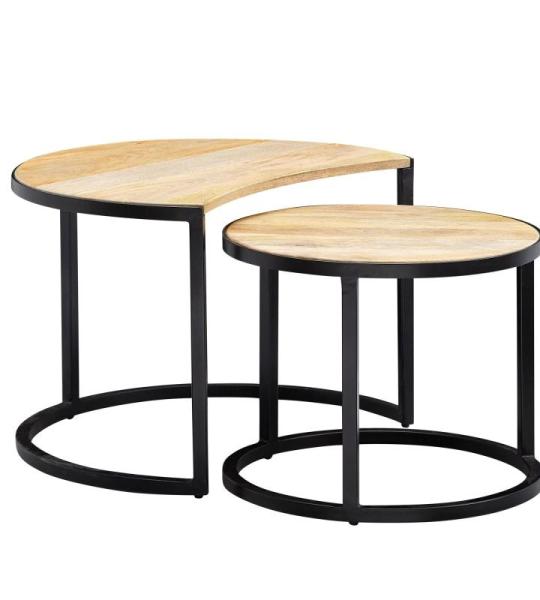 salontafel set van 2 Mango massief houten/metalen salontafel rond | Industriële bijzettafel met metalen poten zwart | 2-delige placemat bijzettafel van hout