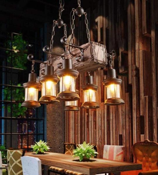 E27 Hout Retro Hanglamp Vintage Hanglampen Loftbar Woonkamer Kroonluchter Ijzer Lampenkap In hoogte verstelbaar Industrie Hout Creatieve Hanglight Bar Cafe Decoratie 6 Heads Lights