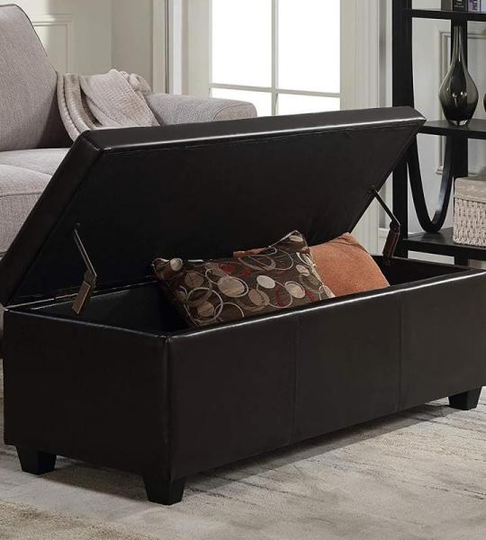 Moderner Polsterhocker aus Leder mit Stauraum, mit getufteter Fußstütze aus Holz, Hocker und Hebebühne, bequem, Wohnzimmer, Schlafzimmer, Bank, Couchtisch, Schwarz, 100 x 43 x 4