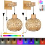 2 stuks vintage boho wandlampen, 16 RGB dimbare vintage bedlampjes, rotan bamboe lampenkap, wandbevestiging, leeslamp, rustiek touw, wandlamp, E27 voor slaapkamer, woonkamer, hal (