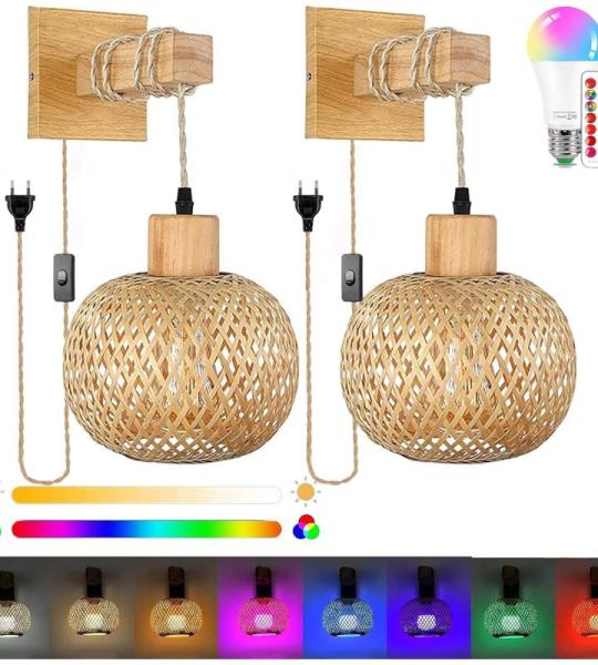 2 stuks vintage boho wandlampen, 16 RGB dimbare vintage bedlampjes, rotan bamboe lampenkap, wandbevestiging, leeslamp, rustiek touw, wandlamp, E27 voor slaapkamer, woonkamer, hal (
