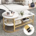 Set van 2 salontafels, bijzettafel, marmerlook met metalen frame en plank, koffietafel, woonkamertafel, banktafel voor woonkamer, slaapkamer (wit + goud)