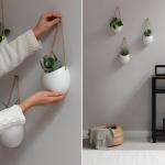 Kazai Plantenpotjes voor aan de muur, set van 3, wandhouders met plantenpotjes, decoratie als hangende bloempot van keramiek, potten voor kamerplanten, geschikt voor onder meer vet