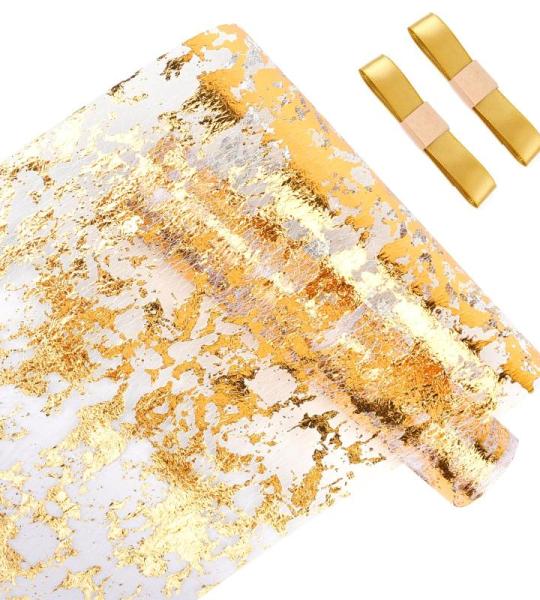 1 rol tafelloper goud, 28 cm x 15 m tafelloper met coating glanzend goud glanzend gouden tafelkleden bruiloft decoratiestof polyester tafeldecoratie tafelloper met 2 gekleurde lint