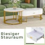 Ronde salontafel, set van 2, et met laden, banktafel met leisteen-marmeren textuur en gouden metalen frame, moderne , woonkamertafels voor slaapkamer, woonkamer, decoratie