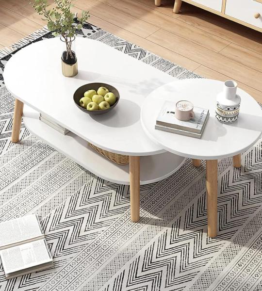 Moderner Couchtisch für das Wohnzimmer. Satztische für das Wohnzimmer, 2er-Set, große ovale Couchtische für das Wohnzimmer und Kleiner runder Beistelltisch mit Ablagefläche, 2