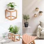 Lille Wandvazen, hangende bloempotten in echt houten frame, 3-delige bloempotset van keramiek en hout voor muur, tafel en meer, natuurbruin