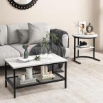 Set van 2 salontafels, bijzettafel, marmerlook met metalen frame en plank, koffietafel, woonkamertafel, banktafel voor woonkamer, slaapkamer (wit + zwart)