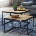salontafel set van 2 Mango massief houten/metalen salontafel bruin | Industriële bijzettafel bijzettafel metalen poten zwart | 2-delige placemat bijzettafel van hout