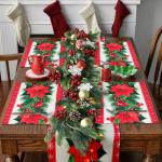 Kerst placemats, 4 stuks rode bloemen linnen kersttafel placemat kerstboom klokken print eettafel kerstdecoratie voor kersttafeldecoratie feestdecoratie (45 x 30 cm)