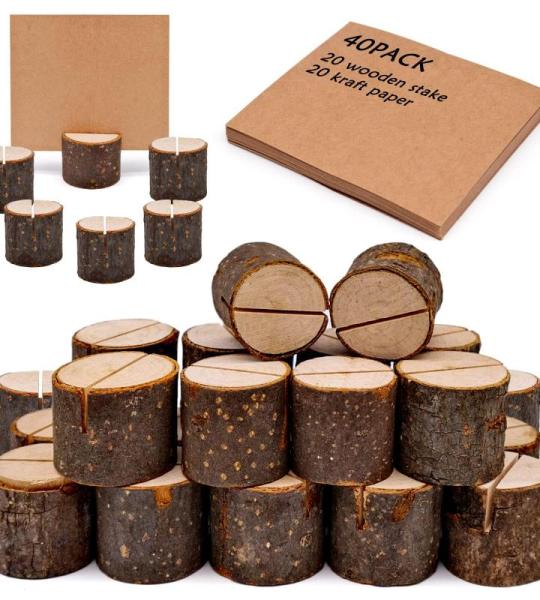 Set van 40 rustieke houten tafelkaarthouders, menukaarthouder, tafelkaarthouder, hout, rustieke kaartenhouder, foto's, voor memo, ansichtkaarthouders (20 houders + 20 papieren kaar