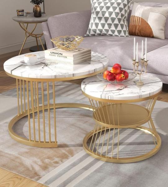Moderne ronde salontafel, set van 2, ronde bijzettafelset, woonkamertafel met marmerfineer en goud, metalen frame, bijzettafel, salontafel, koffietafel voor woonkamer en slaapkamer