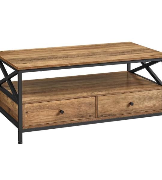 Salontafel, woonkamertafel, banktafel, voor woonkamer, met laden, X-vormige balken, open vak, industrieel design, walnootbruin-zwart LCT201B41
