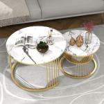 Moderne ronde salontafel, set van 2, ronde bijzettafelset, woonkamertafel met marmerfineer en goud, metalen frame, bijzettafel, salontafel, koffietafel voor woonkamer en slaapkamer