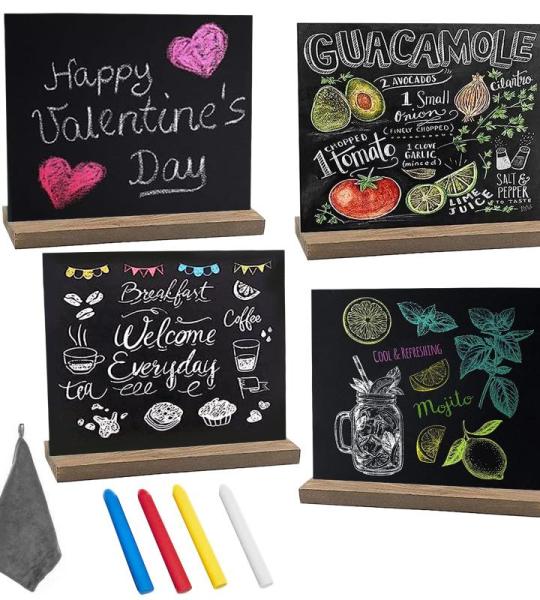 4 stuks kleine om te beschrijven, met 4 stiften en poetsdoek, mini-krijtbord, buffet, leibord om te beschrijven voor bar, café, verjaardag, bruiloft