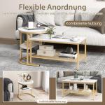 Set van 2 salontafels, bijzettafel, marmerlook met metalen frame en plank, koffietafel, woonkamertafel, banktafel voor woonkamer, slaapkamer (wit + goud)
