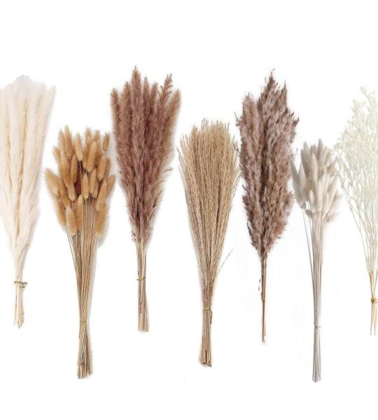 Gedroogd pampasgras-decoratie, 128 stuks pampasgras met hazenstaart-granenbloemen, rietgrasboeket voor bruiloft, boho-bloemen, thuistafeldecoratie, rustiek boerderijfeest