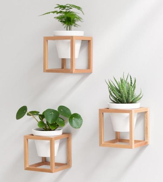 Lille Wandvazen, hangende bloempotten in echt houten frame, 3-delige bloempotset van keramiek en hout voor muur, tafel en meer, natuurbruin