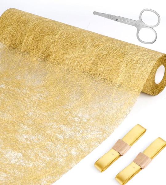 Goudkleurige tafelloper van vliesstof, 30 cm x 20 m, gouden tafelloper, herbruikbaar, tafelloper, bruiloft, met 2 gouden linten en scharen, voor feesten, feesten, bruiloften, verja