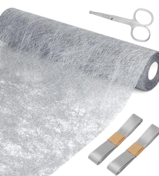 1 rol tafelloper zilver 30 cm x 20 m tafelloper met coating glanzend zilver tafelkleden bruiloft decoratieve stof polyester tafeldecoratie tafelloper met 2 gekleurde linten