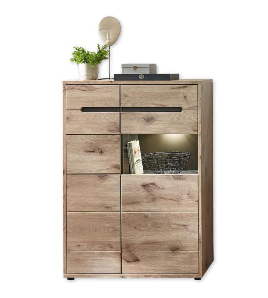 Bellano Moderne vitrinekast met ledverlichting en veel opbergruimte, hout, Viking eiken/grafiet, vitrine 90 cm