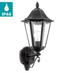 Buitenwandlamp Navedo, 1-lichts buitenlamp, staande wandlamp van gegoten aluminium en glas, zwart, zilver-patina, E27-fitting, IP44