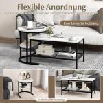 Set van 2 salontafels, bijzettafel, marmerlook met metalen frame en plank, koffietafel, woonkamertafel, banktafel voor woonkamer, slaapkamer (wit + zwart)