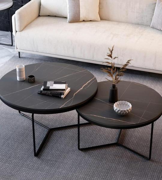 Stijlvolle marmeren top nestelen salontafel set met stevig metalen frame moderne ruimtebesparende bijzettafels voor woonkamer en slaapkamer 24 & 18 inch diameter