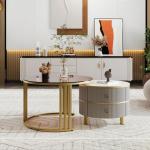Ronde salontafel, set van 2 met goudkleurig metalen frame en bruine glazen plaat, moderne bijzettafel, woonkamertafel, banktafel met 2 laden, 70 x 70 x 45 cm + 50 x 50 x 40 cm (gri