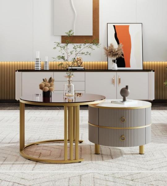 Ronde salontafel, set van 2 met goudkleurig metalen frame en bruine glazen plaat, moderne bijzettafel, woonkamertafel, banktafel met 2 laden, 70 x 70 x 45 cm + 50 x 50 x 40 cm (gri