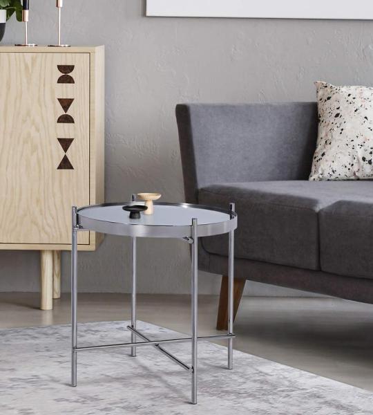 Bijzettafel Ø 43x45 cm unicaat in zilver van metaal en glas, design woonkamertafel met glasplaat en metalen frame, ronde salontafel, moderne glazen tafel, elegante banktafel, loun