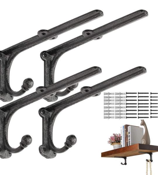 Plankdrager, plankhouder met haken, vintage & heavy duty, 20 x 8,5 cm, 4 stuks