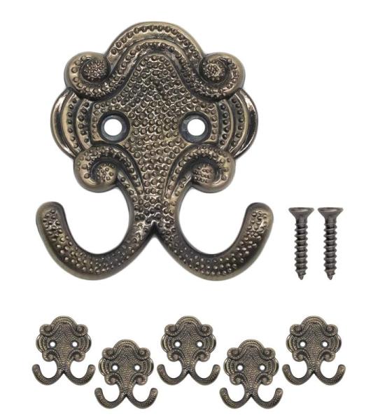 Klassieke kapstokhaken, dubbele haken, hoedhaken, kledinghaken, ijzeren haken, antiek design, set van 5, brons (klein)
