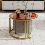 Ronde salontafel, set van 2 met goudkleurig metalen frame en bruine glazen plaat, moderne bijzettafel, woonkamertafel, banktafel met 2 laden, 70 x 70 x 45 cm + 50 x 50 x 40 cm (gri