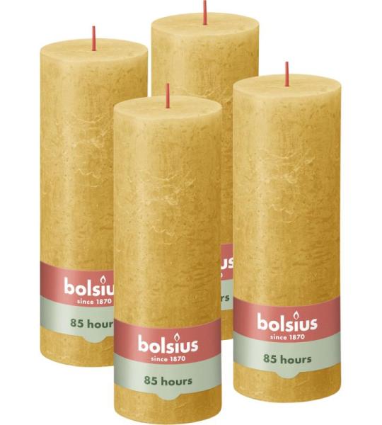 Rustik Stumpenkerzen - Ockergelb - Set 4 Stück - Dekorative Haushaltkerzen - Länge Brenndauer 85 Stunden - Unparfümierte - Natürliches Pflanzenwachs - Ohne Palmöl - 19 x 7 cm