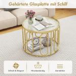 Ronde salontafel met 2 glasplaten en opbergruimte en draaibaar metalen frame, gouden bijzettafel, koffietafel voor woonkamer