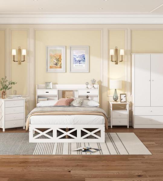 Moderne complete slaapkamerset: houten bed, nachtkastje, commode, kledingkast met 2 deuren - wit design, 140 x 200 cm tweepersoonsbed met opbergfunctie (wit)