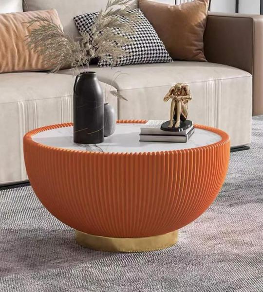 Luxuriöser, moderner runder Couchtisch mit Lederkante und Marmor-Muster, orangefarbener Metallsockel, für Heimdekoration, Wohnzimmer, 73 x 73 x 37 cm