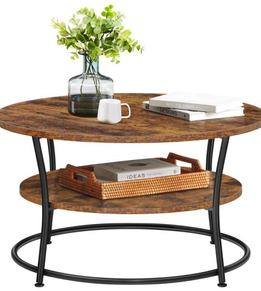 Salontafel rond, woonkamertafel, banktafel met plank, eenvoudige montage, metaal, industrieel design, vintage bruin-inktzwart LCT80BX