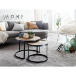 Set van 2 van massief mangohout rond | Salontafel met metalen poten bruin | Placemat 2-delige nesttafel hout/metaal zwart