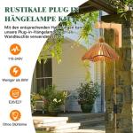 Retro houten hanglamp met stekker, industrieel henneptouw, set met schakelaar, E27-fitting met kabel, 4 meter, vintage lampenkap, voor woonkamer, balkon, gang, zonder gloeilamp