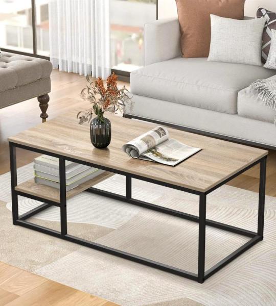 Salontafel, woonkamertafel, salontafel met stalen frame en planken, industrieel design, Scandinavische stijl, eenvoudige montage, houten bijzettafel, houtkleur