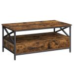 Salontafel, woonkamertafel, banktafel, voor woonkamer, met laden, X-vormige balken, open vak, industrieel design, vintage bruin-zwart LCT201B01