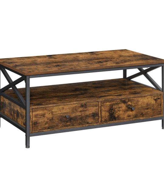 Salontafel, woonkamertafel, banktafel, voor woonkamer, met laden, X-vormige balken, open vak, industrieel design, vintage bruin-zwart LCT201B01