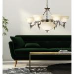 Hanglamp Marbella, 9-lamps, vintage, rustiek, hanglamp van gepolijst gegoten metaal, albastglas in champagne-kleur, eettafellamp, woonkamerlamp met E14-fitting
